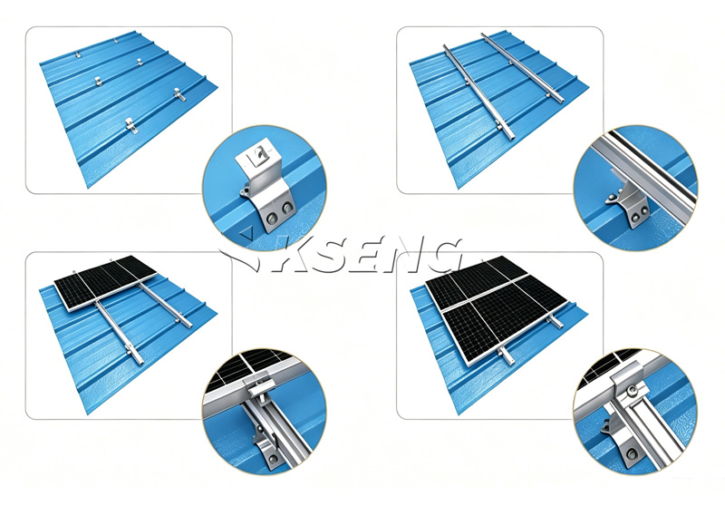 Kseng Drill Type Trapezoidal Metal Roof Solar Clamp Complete PV Mounting System Installation Step Drawing Installatiestappendiagram van Kseng boorvormige trapeziumvormige metalen dakzonneklem, vastgeschroefd assemblageproces voor PV-montagesysteem met AL6005-T5-armatuur en SUS304-hardware