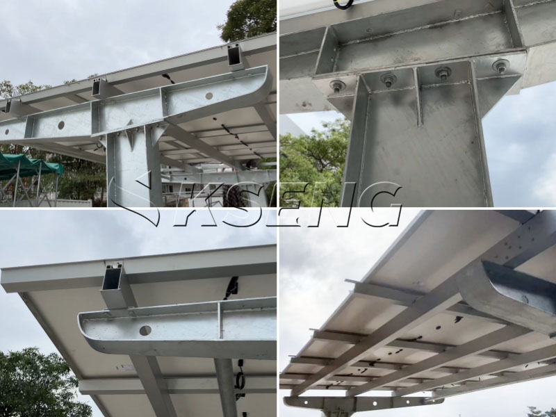 Grote commerci&euml;le parkeerplaats op zonne-energie met uitkragende carports van koolstofstaal