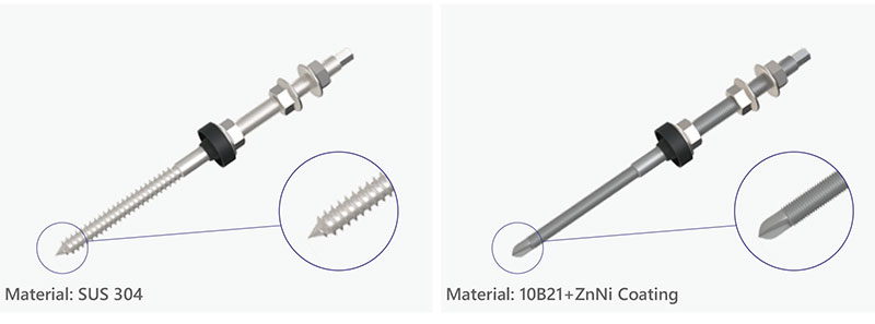 SUS 304 roestvrijstalen stokschroef en 10B21 Zn-Ni gecoate stokschroef voor zonne-montage op commerci&euml;le metalen daken